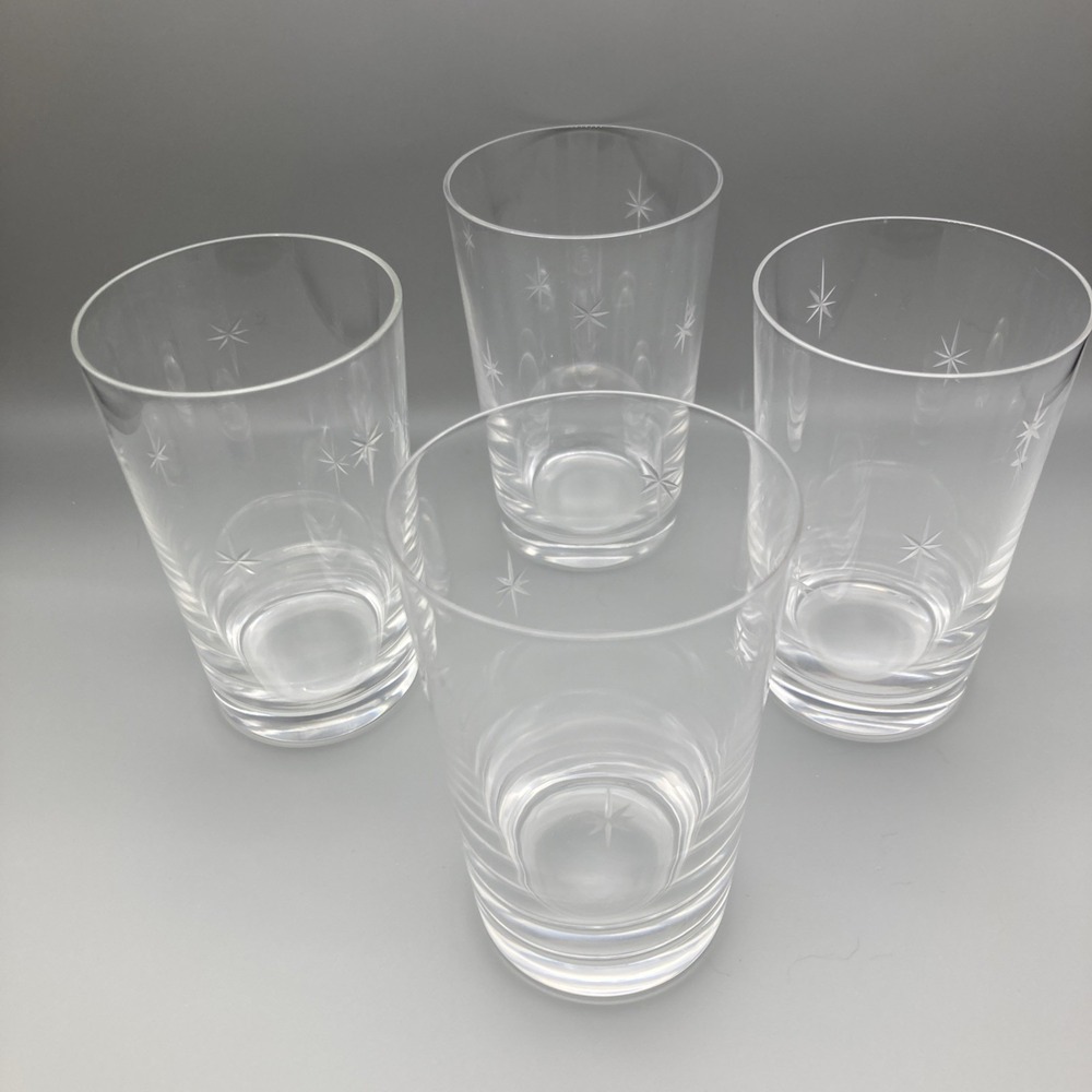 Set Of 4 Vintage Etched Atomic Starburst Juice Drinking Glasses Crystal 1950's